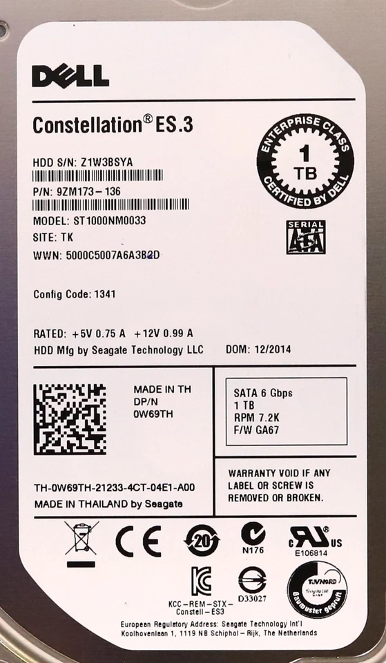 Dell ST1000NM0033 1TB 3.5" 6Gb/s 128MB 7.2K RPM SATA HDD W/Caddy P/N: 0W69TH - Image 2 of 2