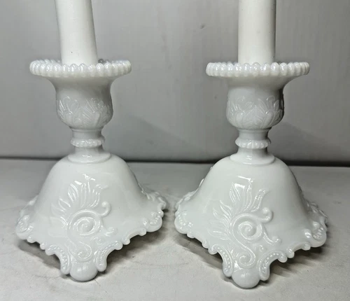 Vintage Westmoreland Milk Glass Scroll & Lace Taper Candlestick Holders 4"x4"