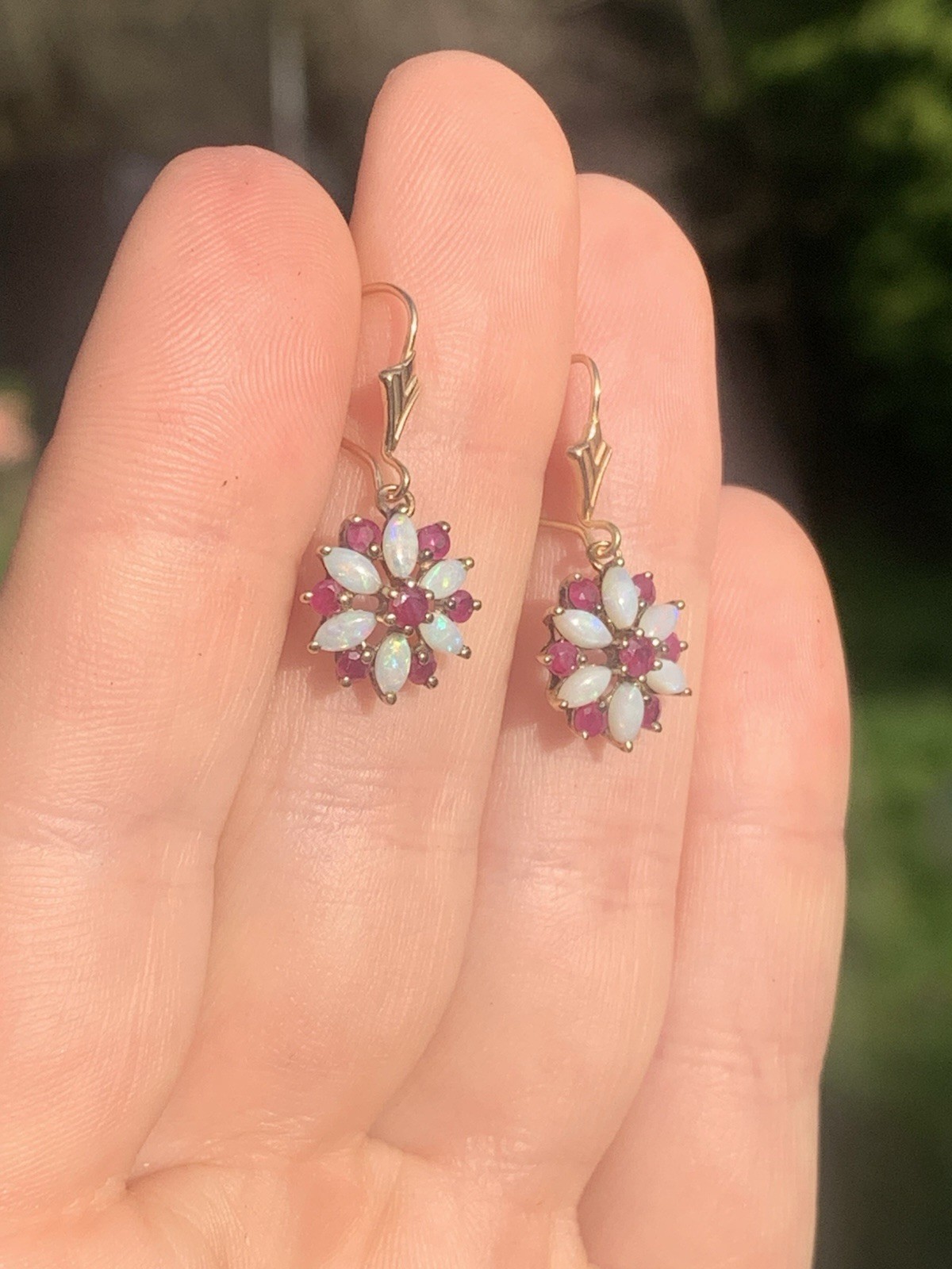 9Ct Gold Opal And Ruby Cluster Drop Earrings ￼ - image 3