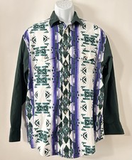 Vintage Men  s High Noon Western Green Multi Color Long Sleeve Aztec Shirt Large
