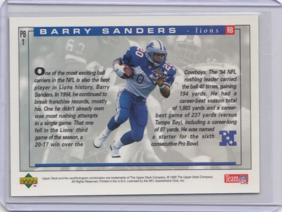 1995 Upper Deck Pro Bowl #PB1 Barry Sanders - Photo 2/2