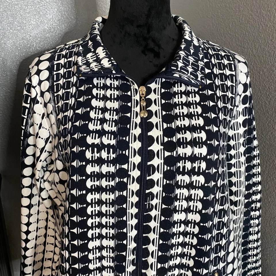 Chaqueta informal Onque para mujer XL estampado geométrico cremallera frontal monocromática negra blanca Foto 2 de 4