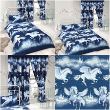 STARDUST UNICORN NAVY BLUE - CURTAINS & DUVET COVER SET JUNIOR SINGLE DOUBLE