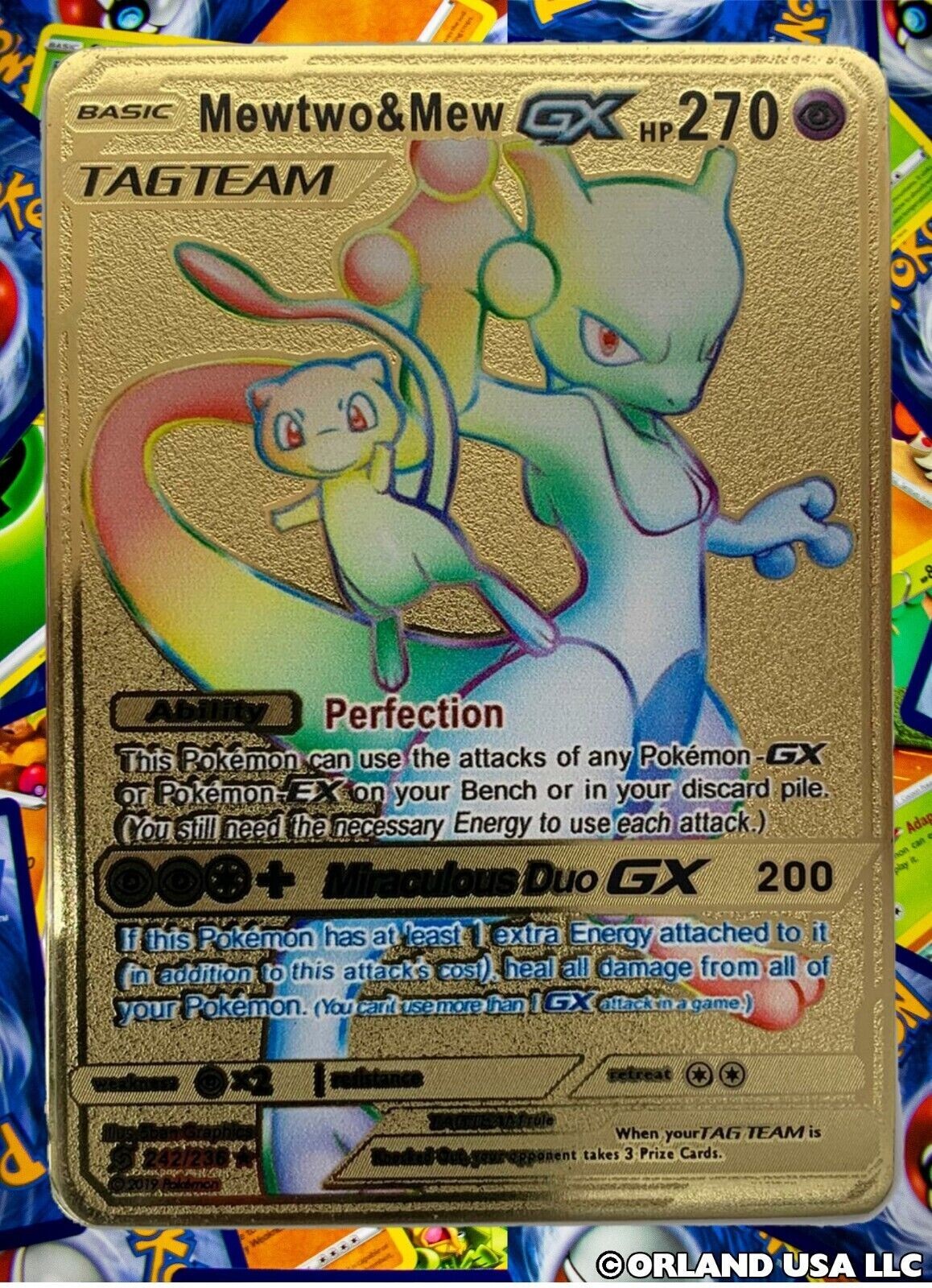 Mewtwo & Mew GX Rainbow Gold Metal Pokemon Card Collectible Gift/Display
