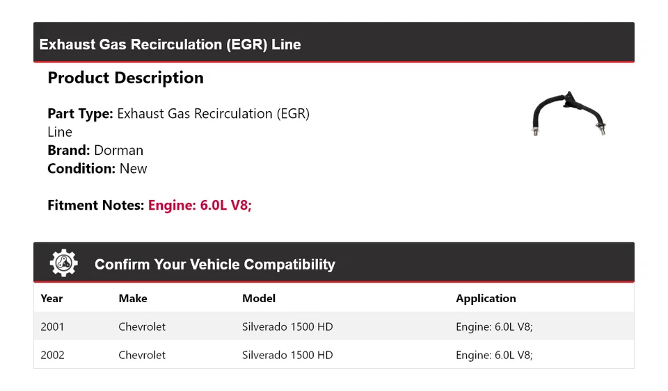 Chevrolet Silverado 1500 HD 2001-2002 6,0 L V8 Dorman EGR Line Foto 2 de 4