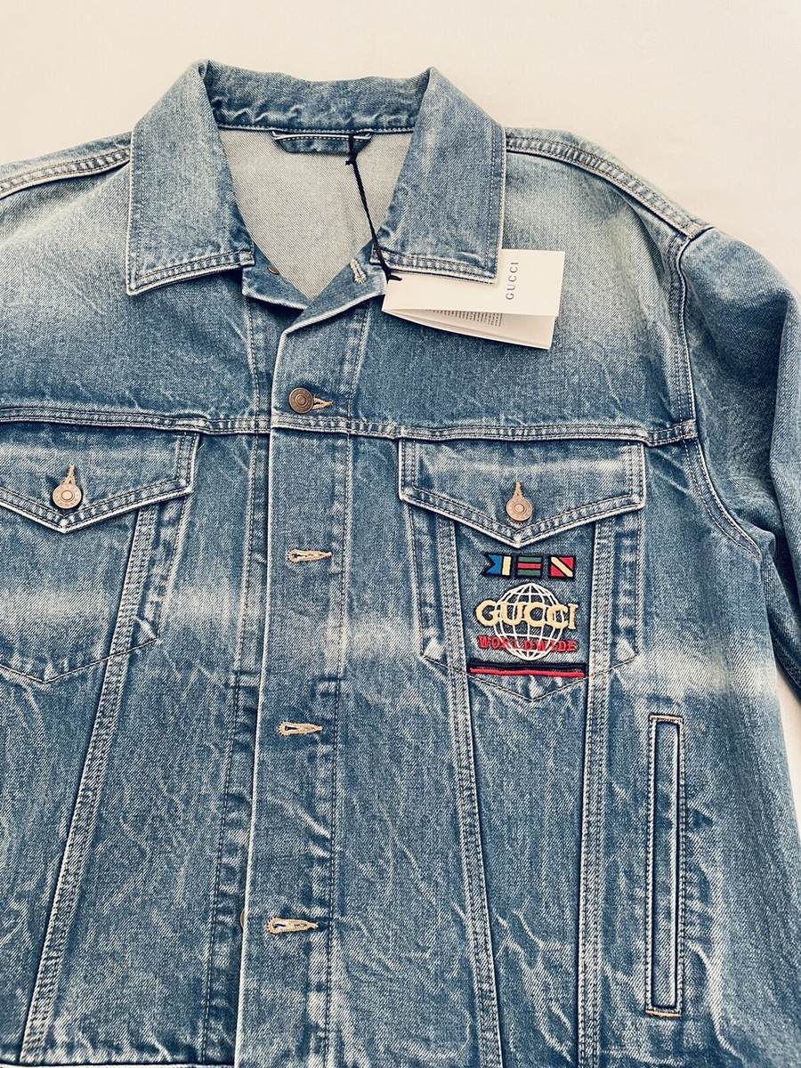 NWT $1980 GUCCI WASHED DENIM JACKET EMB BLUE / MULTICOLOR Mens 52