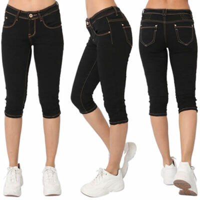 Damen Capri 3/4 Bemuda Jeans Kurze Hose Shorts Sommerhose Stretch Hüft Schwarz 