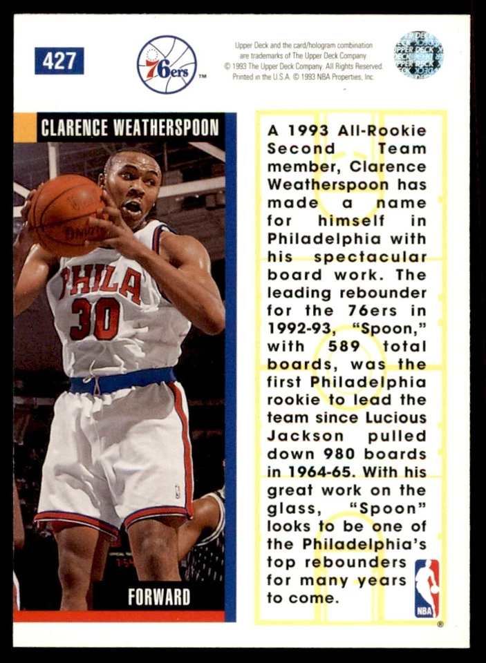 1993-94 Upper Deck Clarence Weatherspoon Philadelphia 76ers #427 - Image 2 of 2