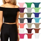 Off Shoulder Womens Crop Top Short Mini Girls Sleeveless Vest Tshirt Bardot Neck