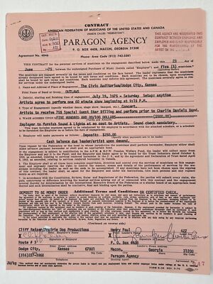 Outlaws Concert Contract 1975 Dodge City KS