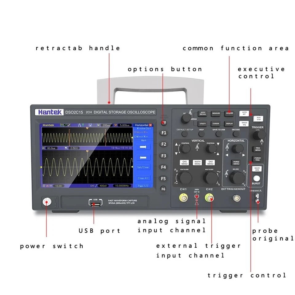 Hantek DSO2D10 2CH 100MHz 1GSa/S Digital Oscilloscope + 1CH AWG Signal Generator - Image 2 of 4