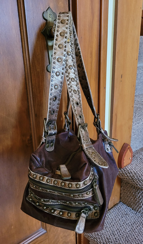 VTG Bebe Y2K Mahogany Brown Satchel Handbag Shoulder bag Gold Straps Studs RARE - Picture 4 of 11