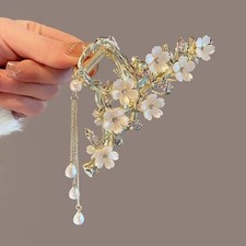 New Hair Claw Clip Faux Pearl Flower Rhinestone Ponytail Clamp Tassel For Women