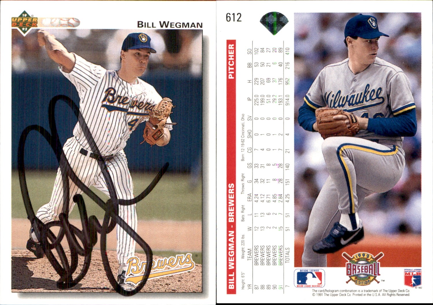 Bill Wegman Signed 1992 Upper Deck #612 Card Milwaukee Brewers Auto AU