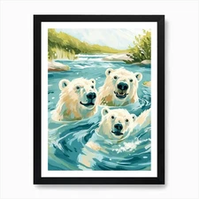 Polar Bear Family Swimming In A Riv Framed Wall Art Poster Canvas Print Picture