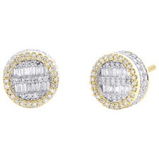 10K Yellow Gold Real Baguette Diamond 10mm 3D Round Circle Stud Earrings 4/5 CT