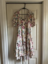 Torrid Plus Size 2 Ivory Floral Puff Sleeve Square Neck Ruffle Midi Dress