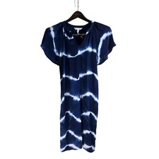 Garnet Hill Athena Crepe Dress Women's Size Small Blue White Tie Dye V-Neck