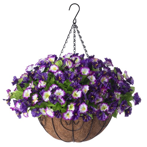 Artificial Hanging Flowers 12 inch Basket, Faux Silk Petunias Flower Arrangem...