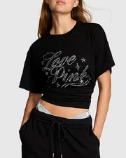 Victoria's Secret Pink Bling Rhinestones LOVE PINK Campus Tee Shirt Black L XL💕