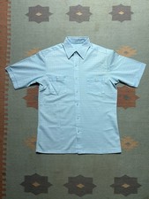 Vintage 70s short sleeve button shirt polyester knit breathable blue medium