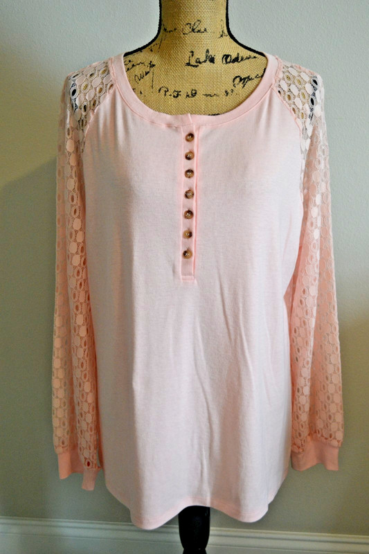 Ticticmiss Pink Top with Lace Sleeves and 7 Buttons Down Front - XL