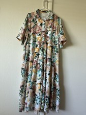 PrettyGarden White Pink Floral Collared Button Front Pocket Midi Shirt Dress L