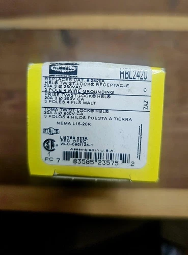 Hubbell Twist Lock Receptacle 20A, 250VAC, 3P, 4W Grounding HBL2420 NIB