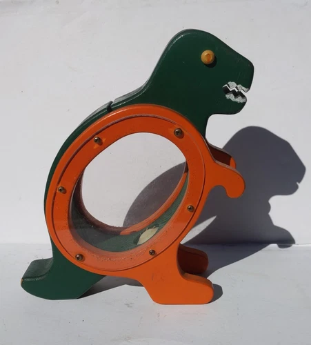 Vintage T Rex Dinosaur Piggy Bank Handmade Wooden Coin Clear 9”