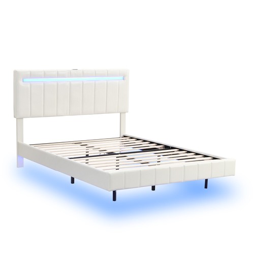 Queen Size Floating Bed Frame with LED Lights USB Upholstered Platform Bed Frame - Picture 5 of 16