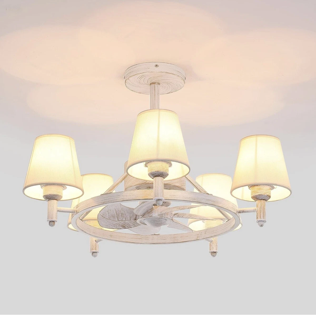 White Farmhouse wagon wheel ceiling fan 5 lights with shades