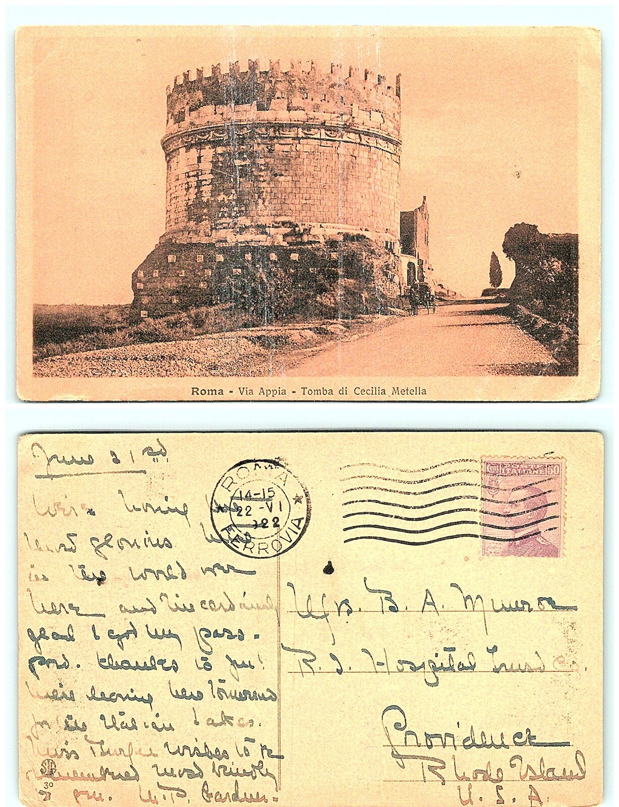 S04-4704, Roma, Via Appia, Tomba Di Cecilia Metella, Italy 1922 To Usa, Postcard