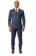 Slim Fit Double Breast Solid Navy Blue Mens Suit 2 Button Peak Lapel AZAR MAN