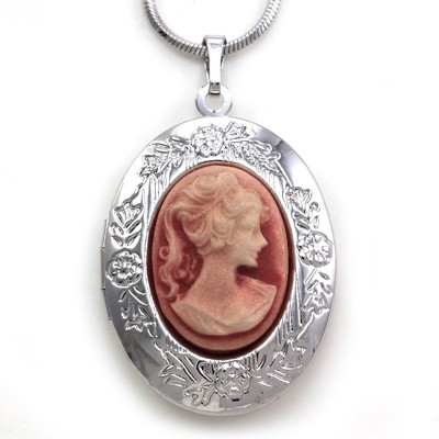 Pink Oval Cameo Custom Picture Locket Pendant Necklace Vintage Retro Style Charm