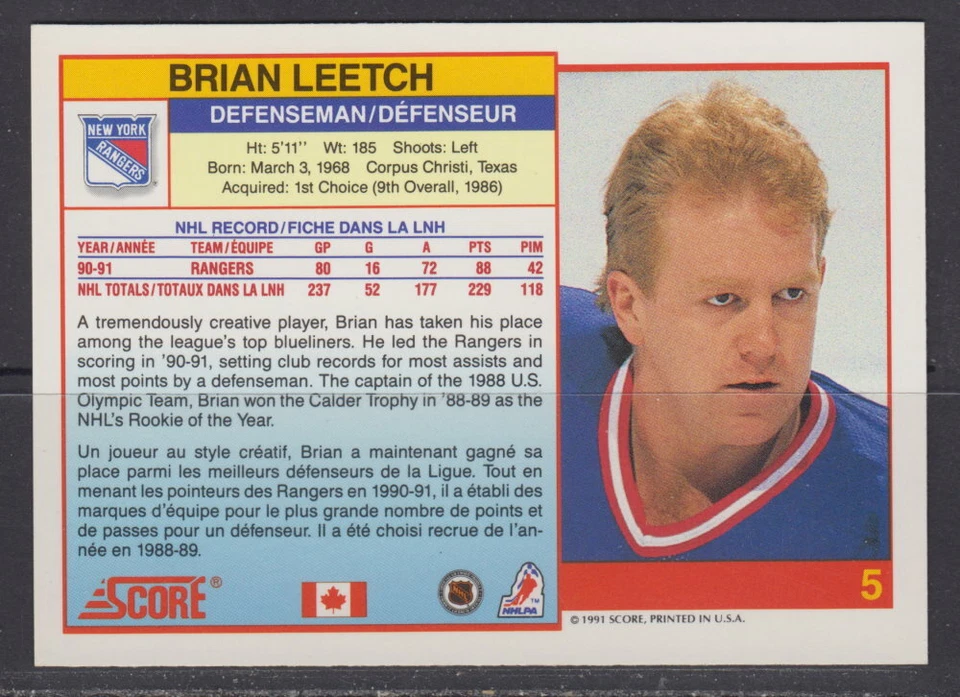 1991-92 Score Canadian Bilingual Brian Leetch Hockey Card #5 - Image 2 of 2