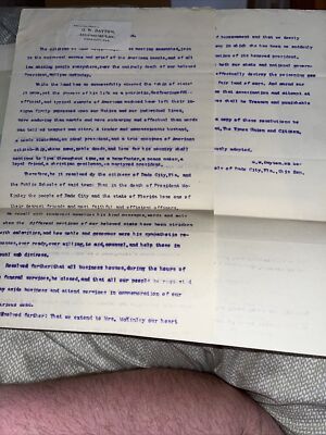 Antique Dade City Florida Citizen Resolution on President McKinley Assassination
