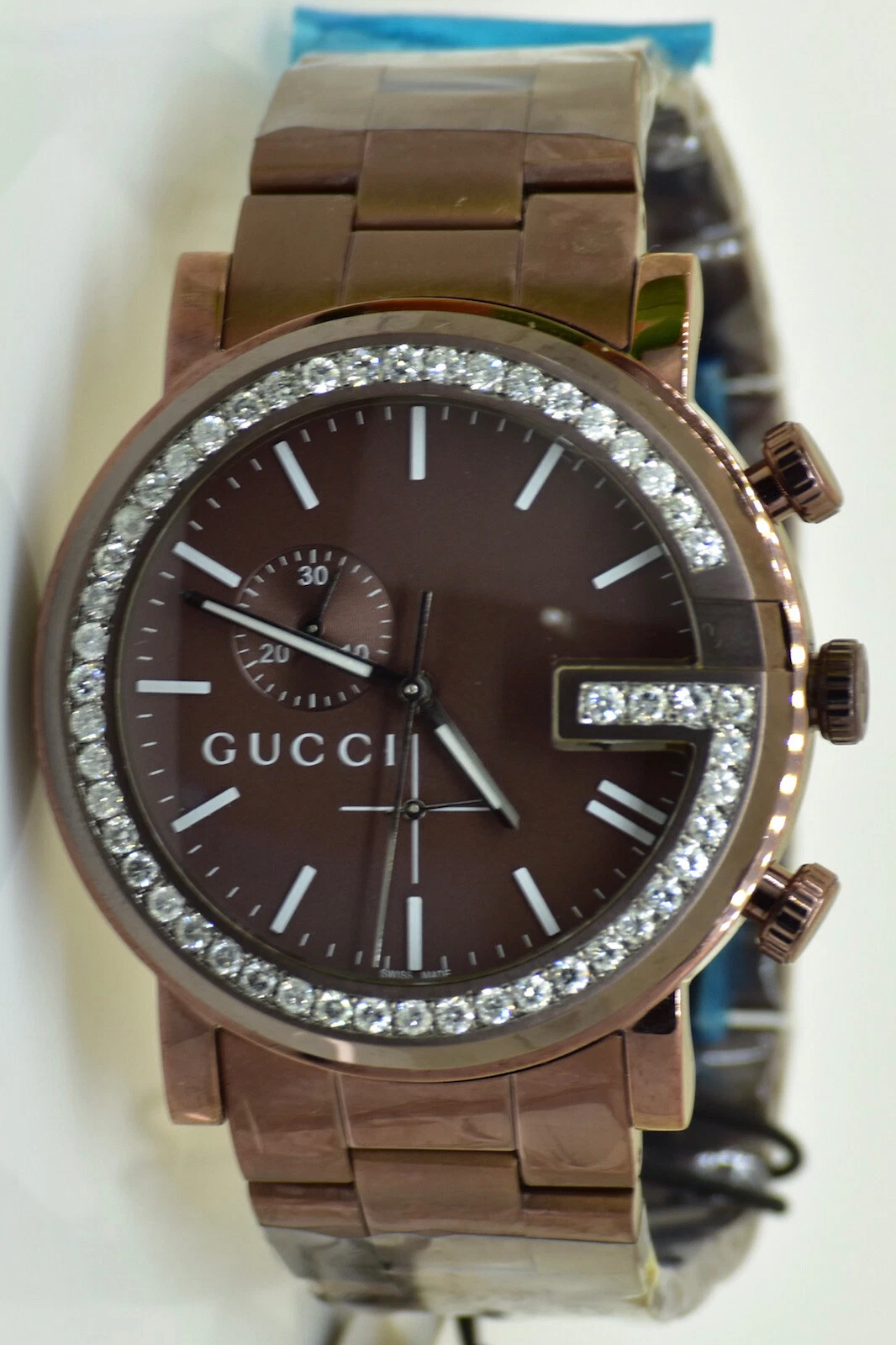 Gucci 101G 1.92ct.aprx uomo nuovo orologio quadrante marrone lunetta diamantata YA101341