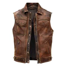 Men's Brown Distressed Real Sheepskin Leather Motorcycle Biker Vest