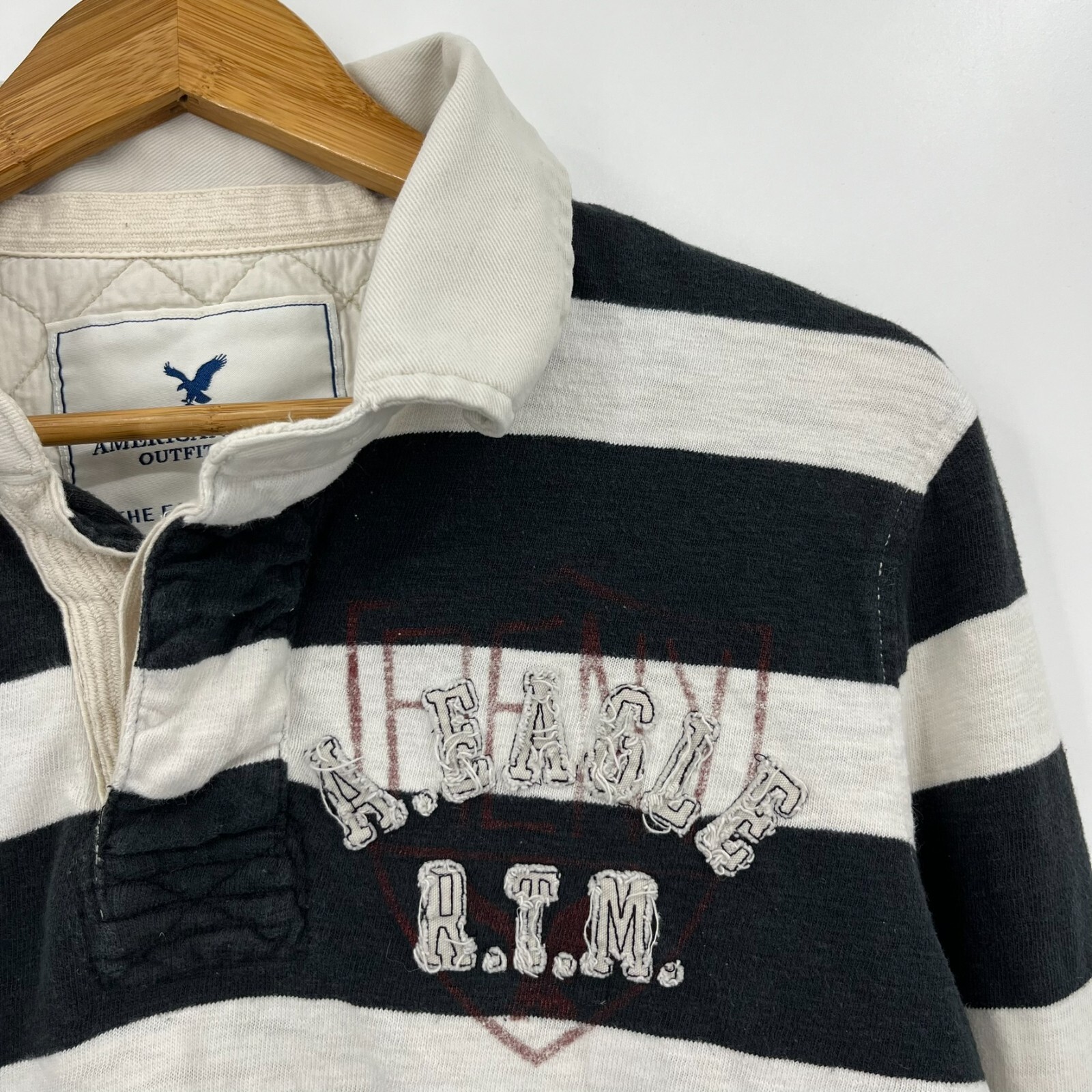 American Eagle Rugby Shirt Men's M White Black Striped Long Sleeve
