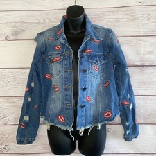 Savanna Jane Denim Jacket Womens M Lips Embroidered Cropped Distressed