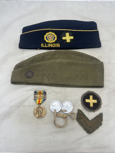 WW1 US Army 33rd Infantry Division Grouping ID’d Caps Dog Tags Medals & Patches