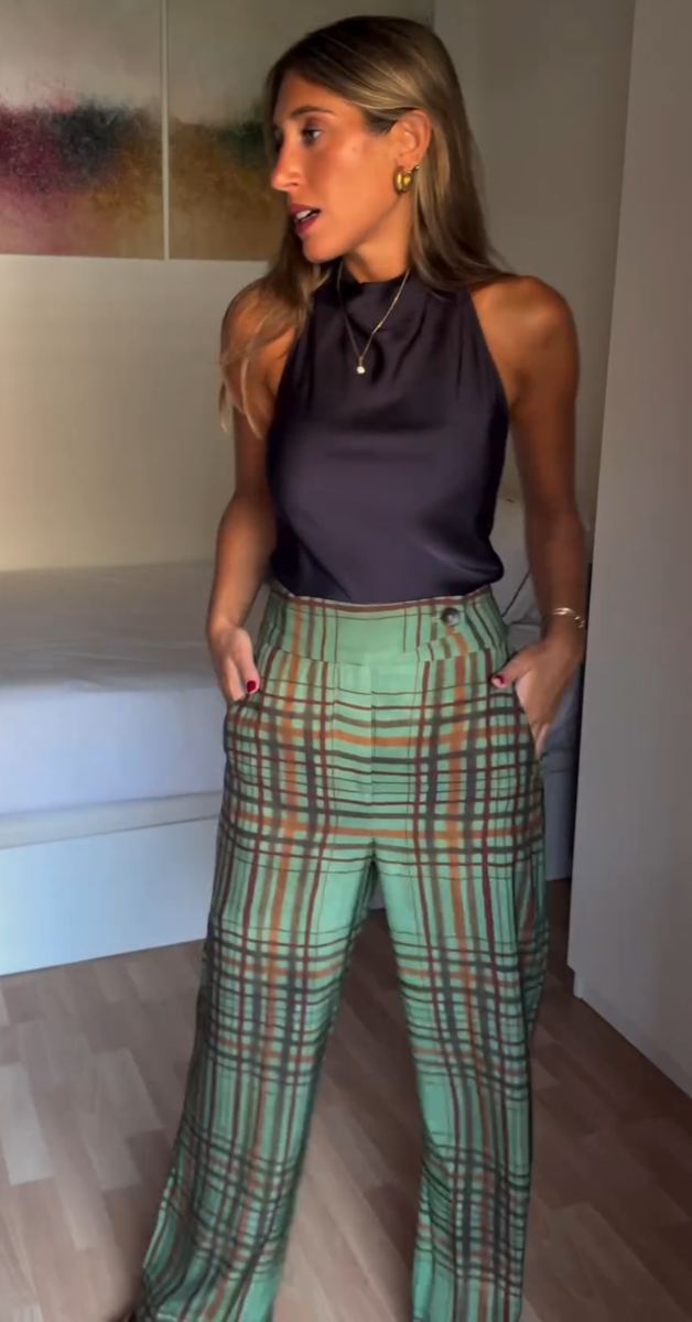 Zara Check Crop Flare Trousers ZW Collection Green Size XS S M L