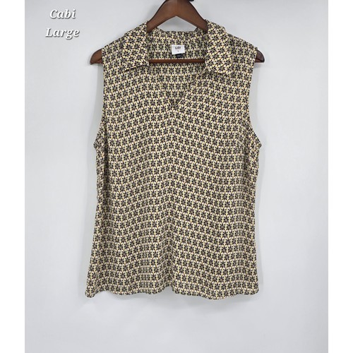 CAbi Bitmap Top #6317 Tile Print Sleeveless Collared Blouse Large