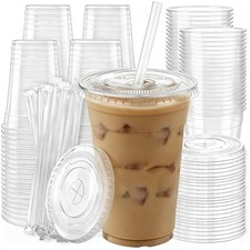 100 Pack 16oz Plastic Cups with Lids and Straws Clear Disposable Cups