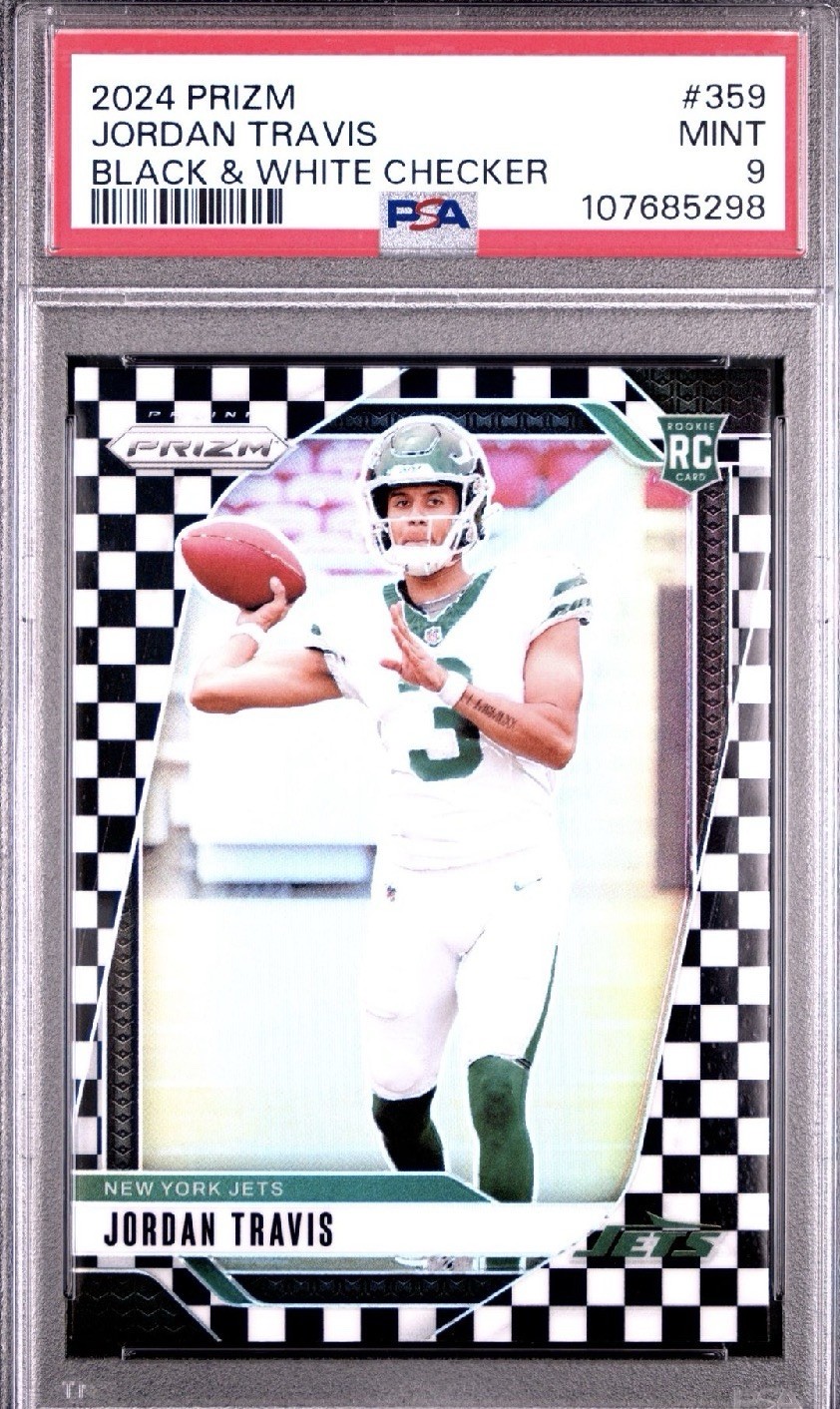 2024 Panini Prizm - #359 Jordan Travis Black & White Checker Prizm (RC). Pop 13.