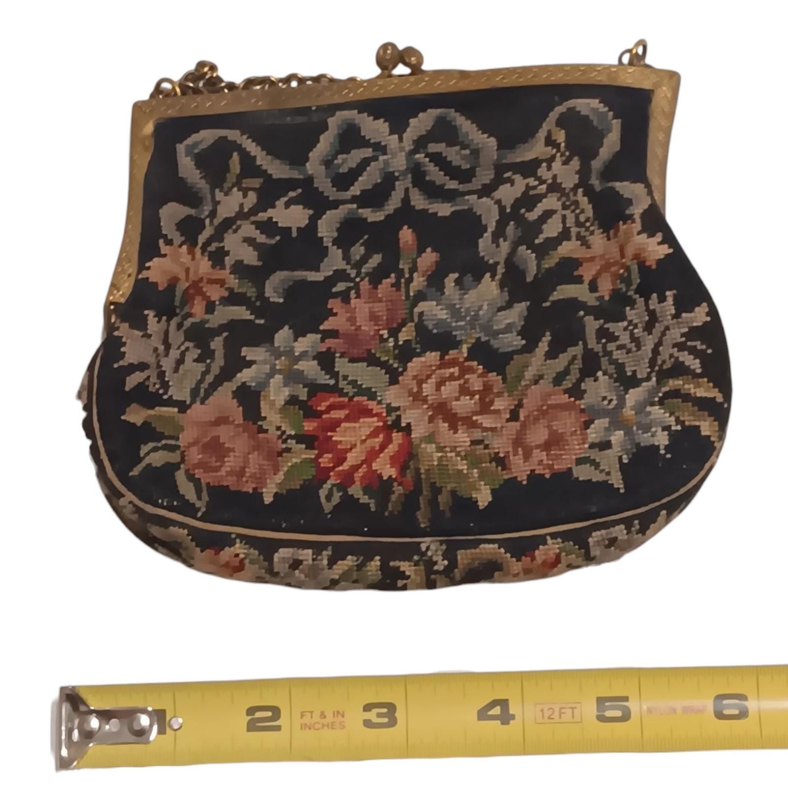 Vintage Austrian Petit Point Floral Evening Bag Silk Lined Clutch Handbag Black