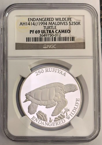 MALDIVES 250 Rufiyaa 1994 Silver NGC PF69 Endangered Wildlife Turtle