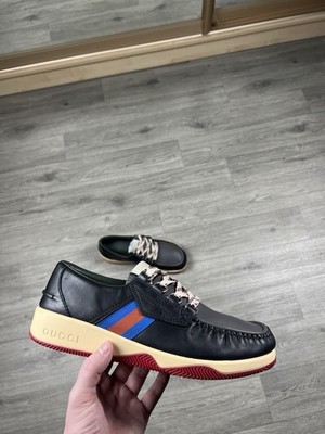 GUCCI Agrado Web-striped Leather Deck Shoes In Black/comb