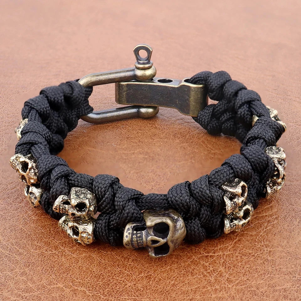 Pulseira masculina de corda trançada com caveira de metal ajustável paracord joias de sobrevivência - Imagem 4 de 4