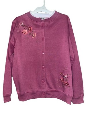 Bonnie Evans Women's Mauve Floral Button Front Cardigan Sweatshirt Size PL